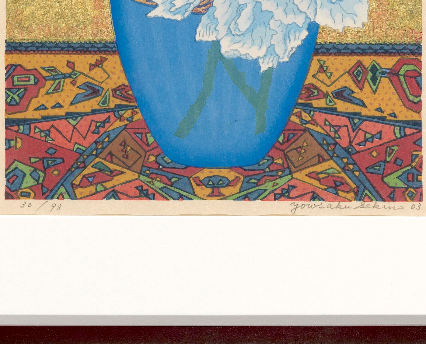 Blue Peonies with Glass in vibrant vase, showcasing Japanese art prints and still life painting.