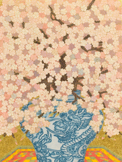 Cherry blossom in a dragon vase, a stunning still life painting, showcasing Japanese art prints by Yowsaku Sekino.