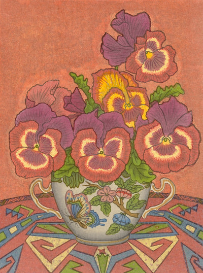 Herend Porcelain and Pansies floral still life painting by Yowsaku Sekino, showcasing vibrant pansies in a decorative vase.