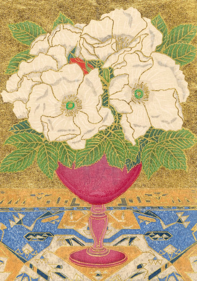 Japanese White Roses in a decorative vase, featuring rich colors and textures of Japanese art prints, by Yowsaku Sekino.
