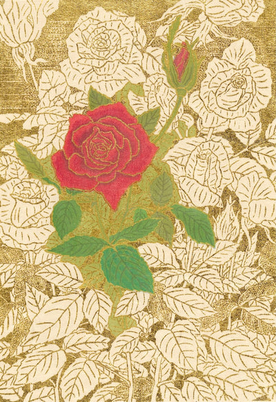 Only One: still life painting by Yowsaku Sekino, featuring a red rose with gold leaf background, Japanese art prints.