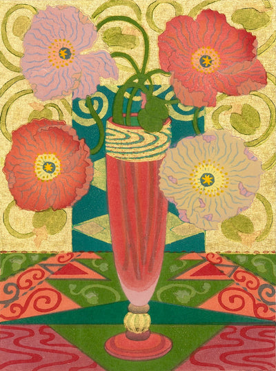 Poppy still life painting by Yowsaku Sekino, featuring vibrant colors and gold accents in Japanese art prints.