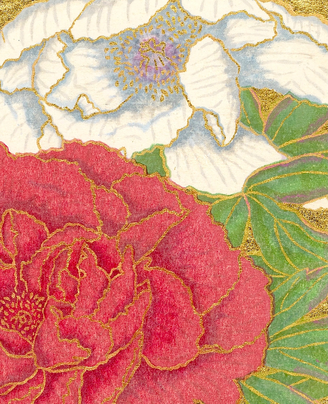 Red and White Peonies, still life painting, Japanese art prints by Yowsaku Sekino, 2016, handmade woodblock print.