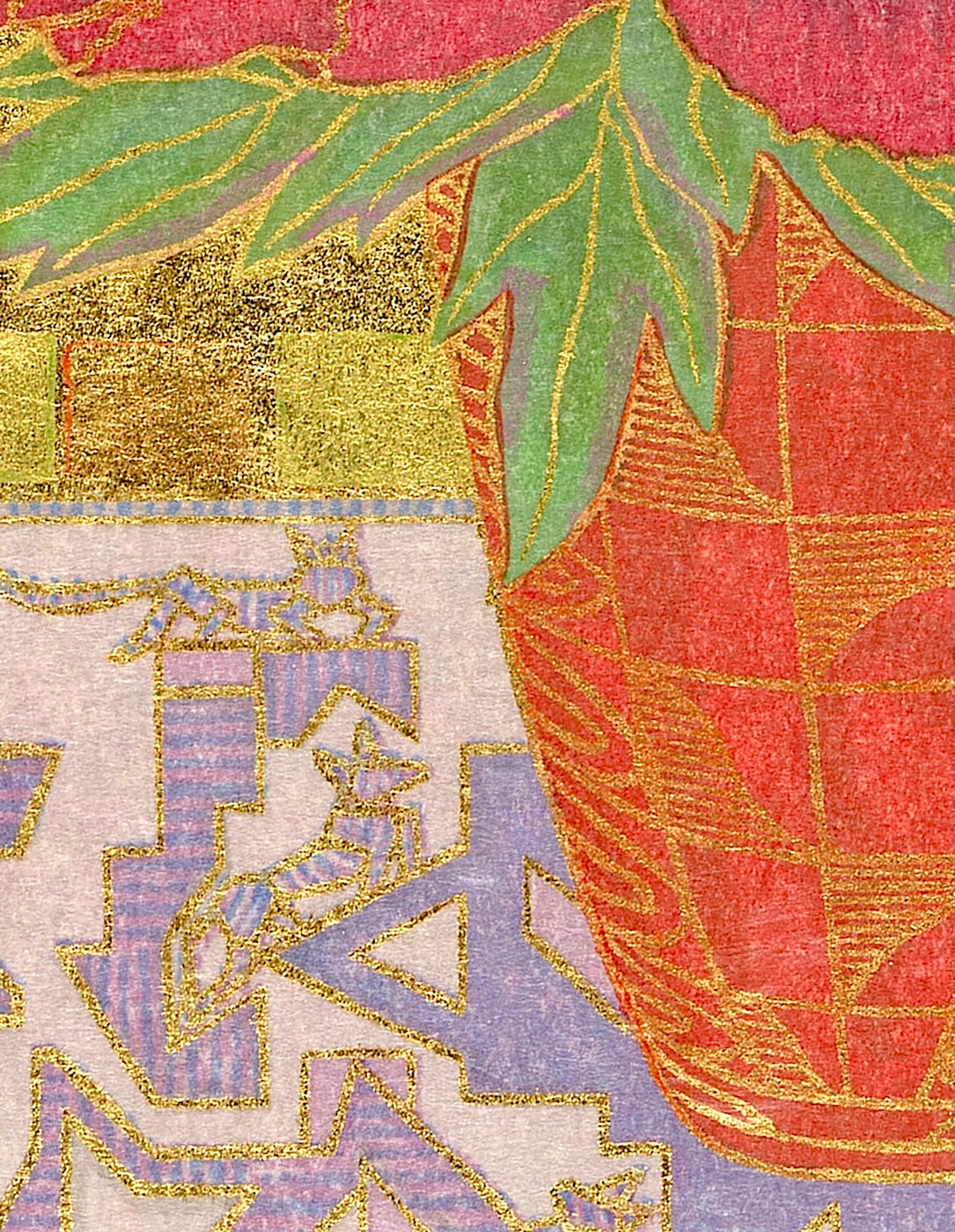 Close-up of Red and White Peonies woodblock print highlighting gold leaf details.