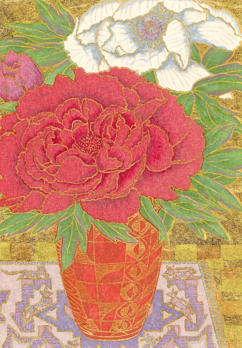 Red and White Peonies, still life painting by Yowsaku Sekino, Japanese art prints with gold leaf details.