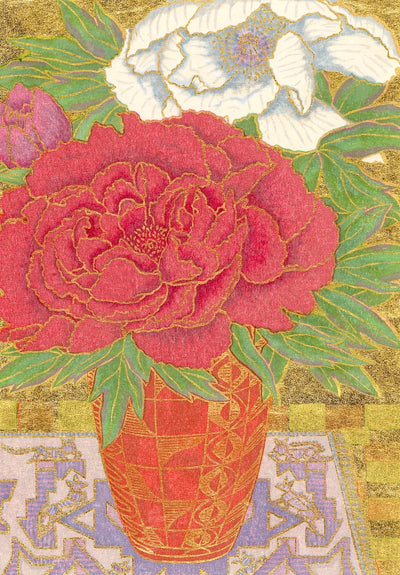 Red and White Peonies, still life painting by Yowsaku Sekino, Japanese art prints with gold leaf details.