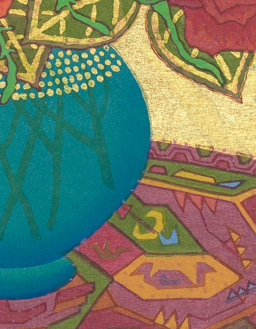 Still life painting of Roses in a Glass Vase with vibrant colors and intricate patterns.