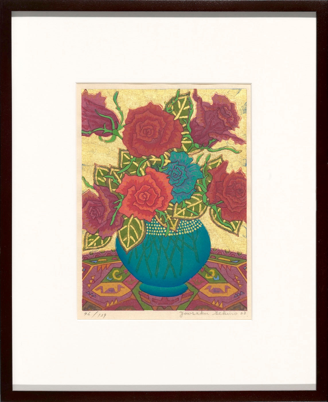 Roses in a Glass Vase, a still life painting by Yowsaku Sekino, featuring Japanese art prints with vibrant colors.