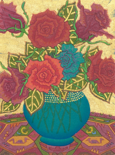Roses in a Glass Vase - still life painting by Yowsaku Sekino, showcasing Japanese art prints with vibrant roses.