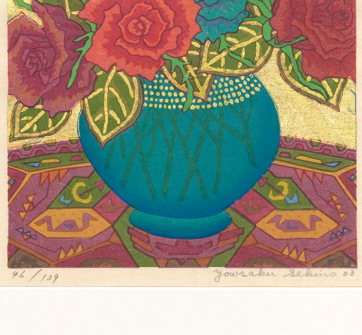 Roses in a Glass Vase, a Yowsaku Sekino still life painting, showcasing unique Japanese art prints with gold leaf.