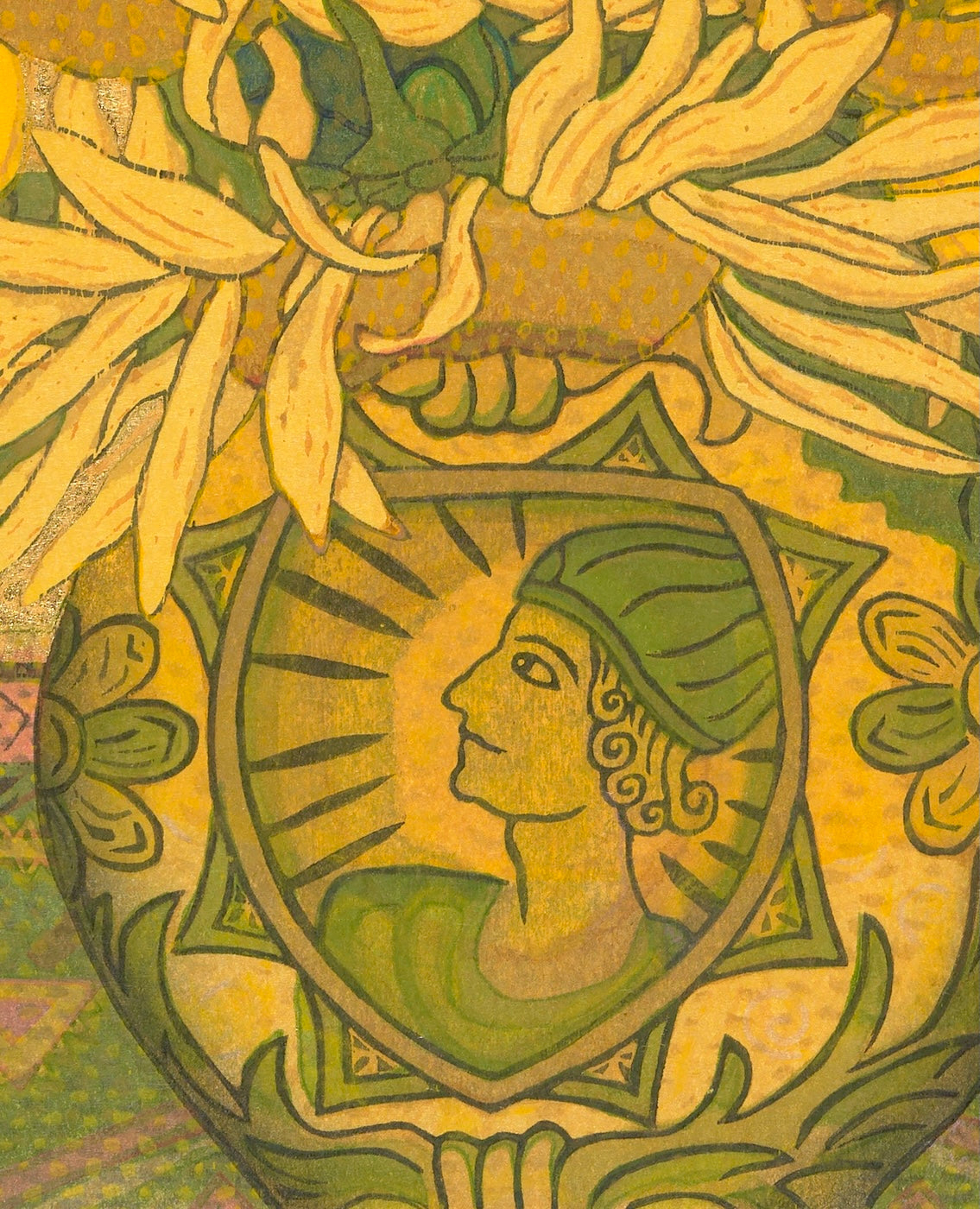 Yellow vase and sunflower featuring intricate details of sunflowers and a decorative shield design.