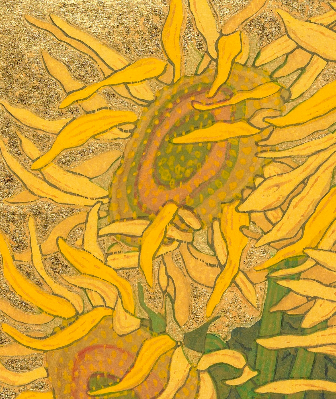 Yellow vase and sunflower still life painting featuring vibrant sunflowers and intricate gold detailing.