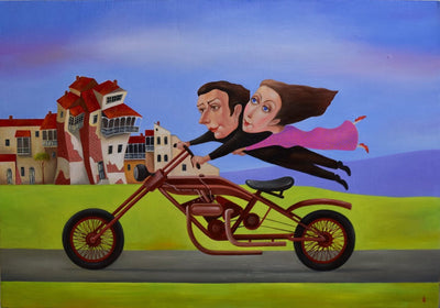 Georgian artist George Abramidze art for sale, oil.  A couple flying on a motorcycle through a city. Lovers