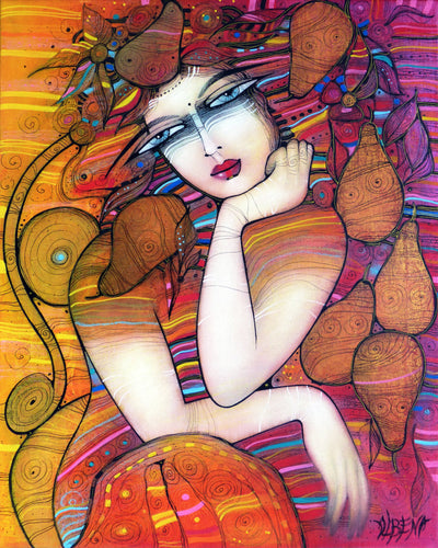 Albena Vatcheva art for sale. Pear Harvest girl with fruits, portrait
