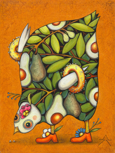 Children room art for sale by Ukrainian artist. Colorful and cute Avocado chicken eating seeds