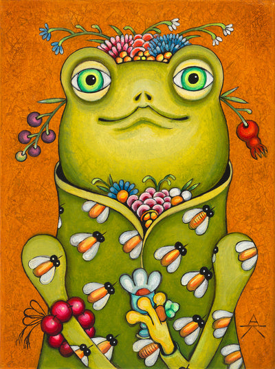 Children room art for sale by Ukrainian artist. Cute bee frog portrait. 