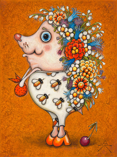 Children room art for sale by Ukrainian artist. Cute bee hedgehog portrait. 
