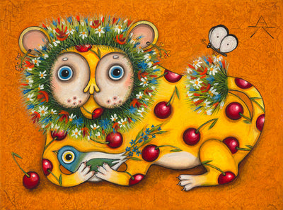 Children room art for sale by Ukrainian artist. Cute cherry lion picking up seeds with yellow background. Two of them