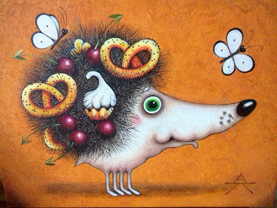 Children room art for sale by Ukrainian artist. Colorful and cute hedgehog celebrating Easter