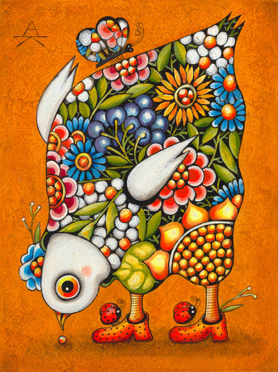 Children room art for sale by Ukrainian artist. Cute flower chicken portrait