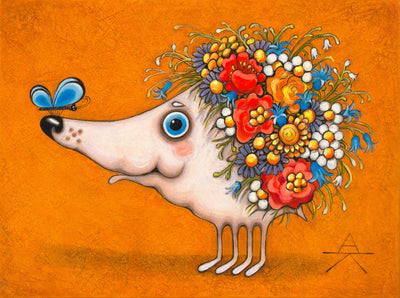 Children room art for sale by Ukrainian artist. Colorful and cute hedgehog covered with flowers