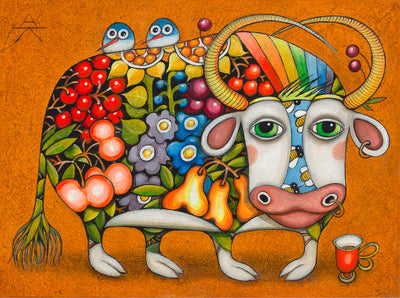 Children room art for sale by Ukrainian artist. Cute harvest bull