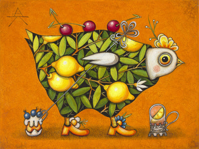Children room art for sale by Ukrainian artist. Colorful and cute lemon chicken eating seeds