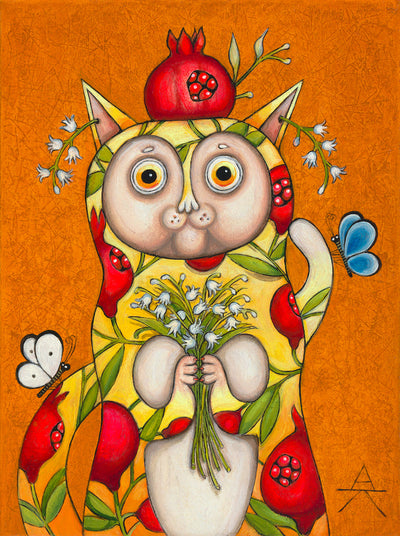 Children room art for sale by Ukrainian artist. Cute pomegranate cat portrait