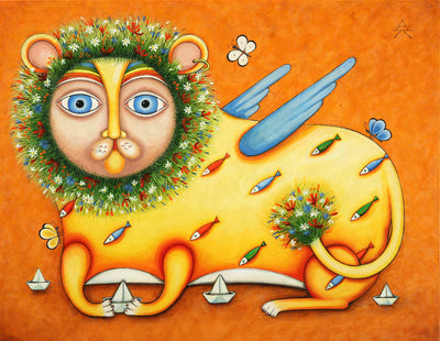 Ukrainian Art for sale. August Lion who caught a paper boat (Print) by Alyona Krutogolova, contemporary Ukrainian artist. Only at Art House SF. Oil on canvas.