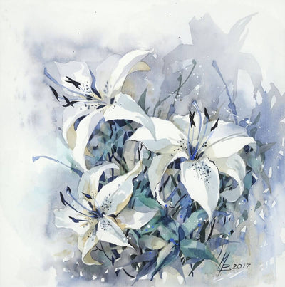 Watercolor garden art for sale by Inna Petrashkevich from Belarus. Blue and White iris flowers
