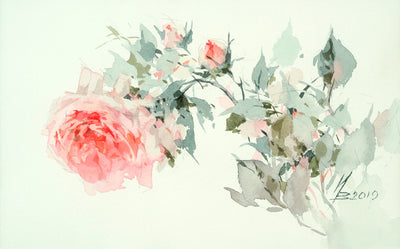 Watercolor garden art for sale by Inna Petrashkevich from Belarus. Single rose on white background