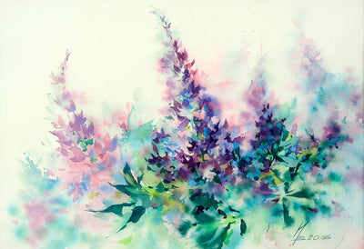 Watercolor garden art for sale by Inna Petrashkevich from Belarus. Purple summer flowers