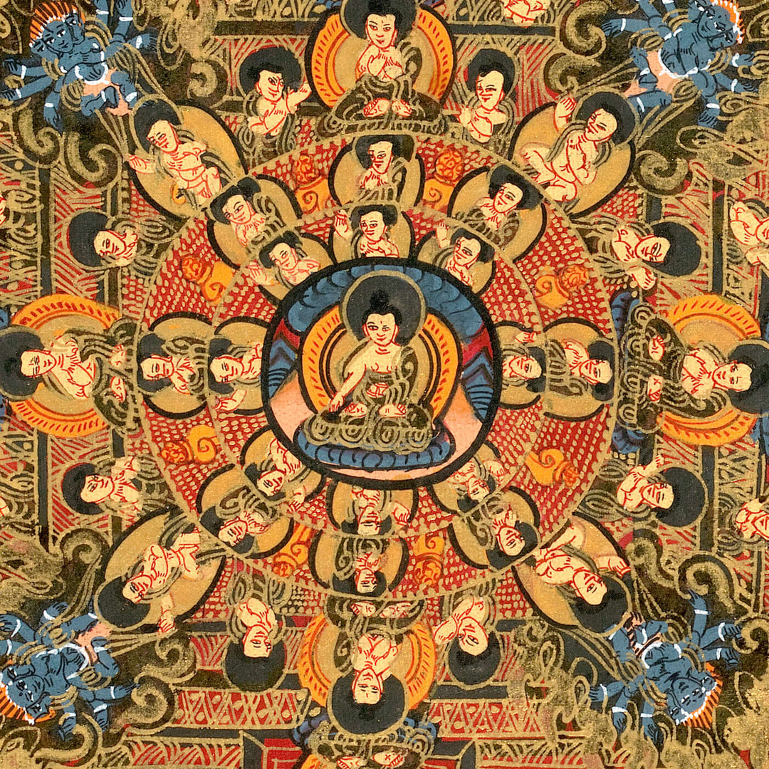 Buddha Mandala, Orange and Blue | Tibetan Thangka Painting