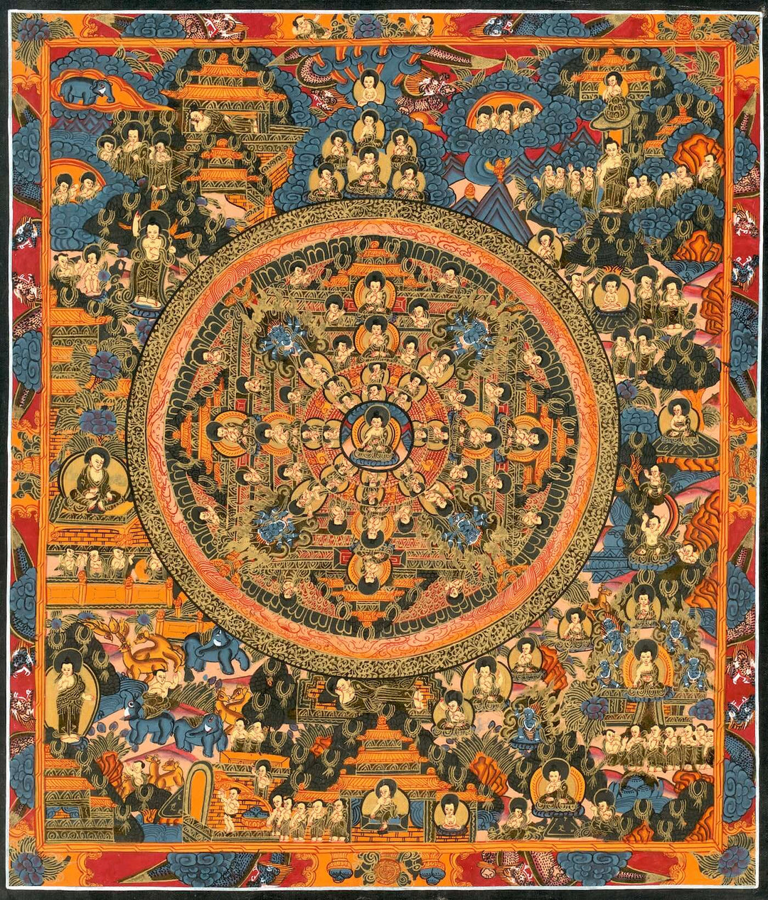 Buddha Mandala, Orange and Blue | Tibetan Thangka Painting
