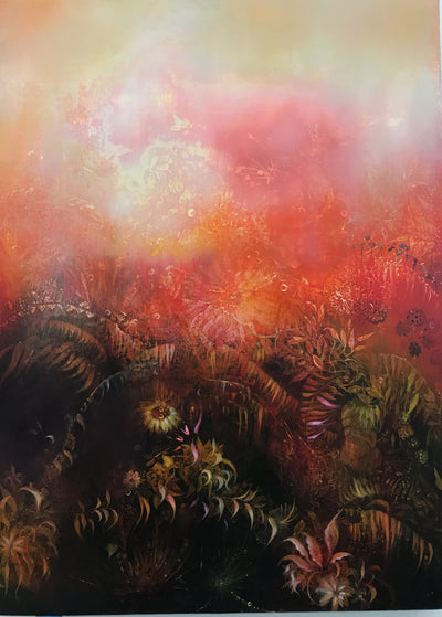 Underwater fantasy art for sale by Linda Larson oil on panel.  Shades of red and pink wild botanicals, bottom of ocean