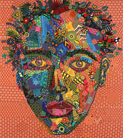 Beautiful African woman portrait.  Traditional Shweshee fabric collage in painting