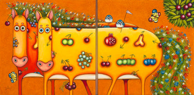 Ukrainian Art for sale. Fruit Horses by Alyona Krutogolova, contemporary Ukrainian artist. Only at Art House SF. Oil on canvas.