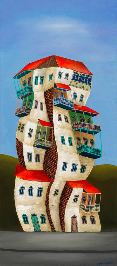 Georgian artist George Abramidze art for sale, oil.  Dancing houses with balconies, blue sky, red roofs. Perfect