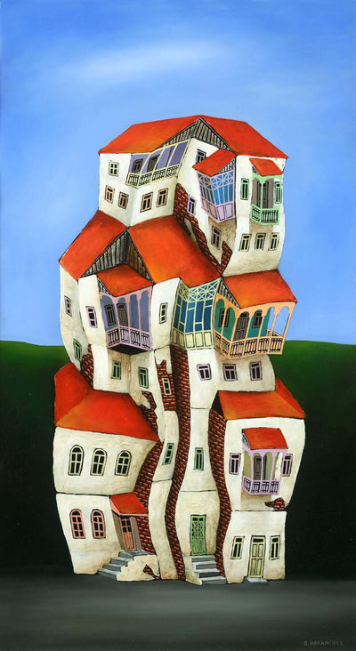 Georgian artist George Abramidze art for sale, oil.  Dancing houses with balconies, blue sky, red roofs. Darker