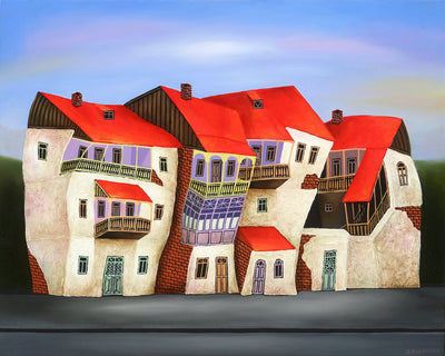 Georgian artist George Abramidze art for sale, oil.  Dancing houses with balconies, blue sky, red roofs. Horizontal