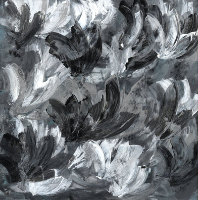 Abstract art by Icelandic artist for sale Iris Kristmunds. Black and white and grey clouds, feathers and wings