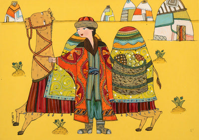 Kazakh Art. Original Kazakh paintings for sale. Returning from the Bazaar by GaBo Kussainov at Art House SF. Pastel on paper