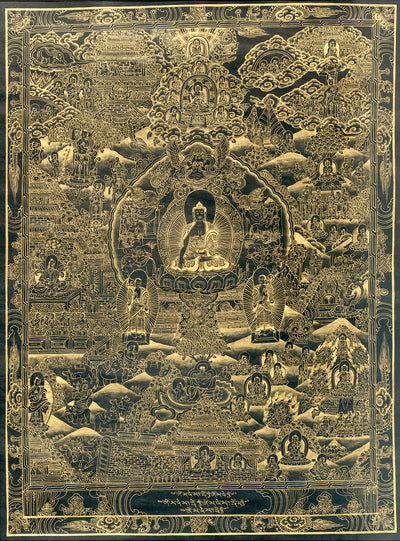 Life of Buddha Thangka by Nepalese Master Thangka artist Tashi Gurung from Upper Mustang, Nepal. Framed and ships from San Francisco, CA