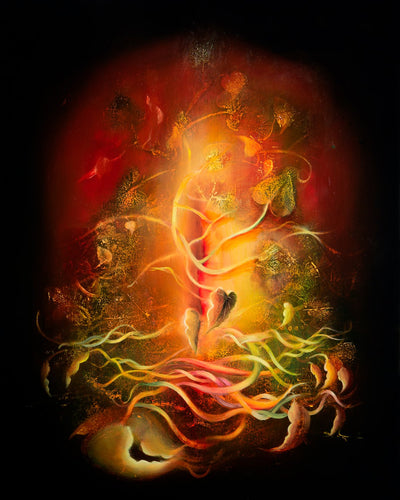 Underwater fantasy art for sale by Linda Larson oil on panel.  Red and yellow glowing botanicals on black background 