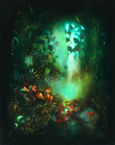 Underwater fantasy art for sale by Linda Larson oil on panel.  Shades of green glow from the bottom of the ocean