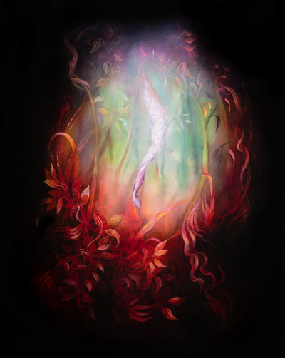 Underwater fantasy art for sale by Linda Larson oil on panel.  Pink, purple glow from the bottom of the ocean