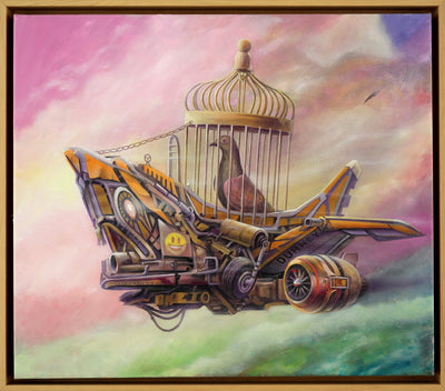 Dystopian art for sale by Lobsang Durney. Pigeon in a cage flying in a mechanical airplane in pink sky. Main view