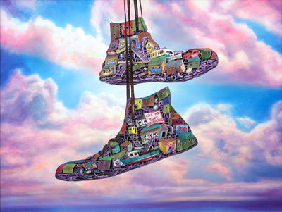 Dystopian art for sale by Lobsang Durney. Two sneakers hanging over a wire. Main view