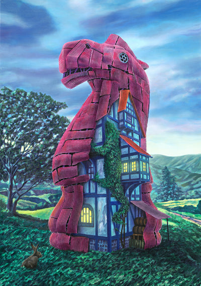 Surrealist art prints for sale. Chilean contemporary artist Lobsang Durney. La casa del Trojan (Print)