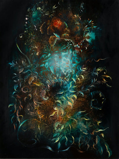 Underwater fantasy art for sale by Linda Larson oil on panel.  Black background bouquet wild botanicals, bottom of ocean